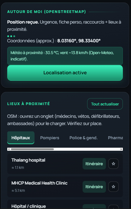 Section Autour de moi avec geolocalisation, meteo et lieux proches