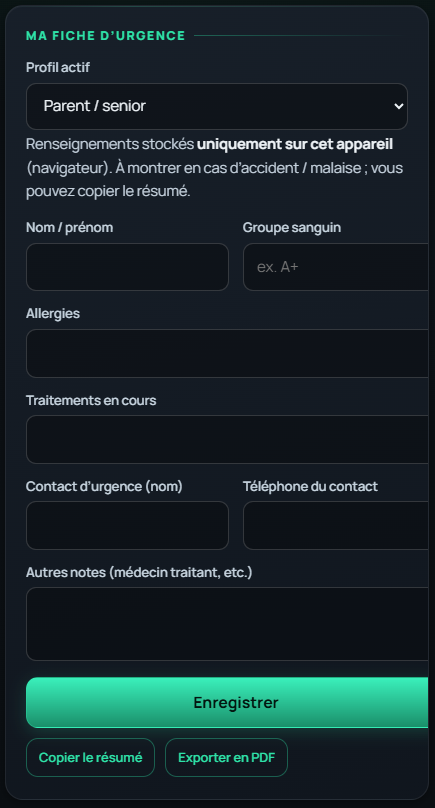 Fiche d'urgence personnelle avec profil actif et donnees medicales