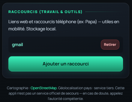 Section Raccourcis avec lien Gmail et bouton Ajouter un raccourci